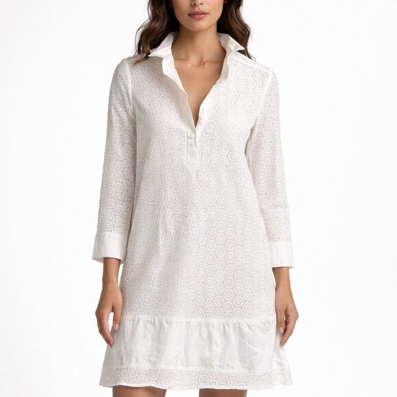 Salvatore Ferragamo Dresses & Skirts - Salvatore Ferragamo Lace White Cotton Shift Dress Ruffle Popover Women's Small
